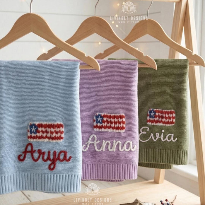 Custom USA Flag Name Blanket – Personalized Patriotic Baby Knit Throw