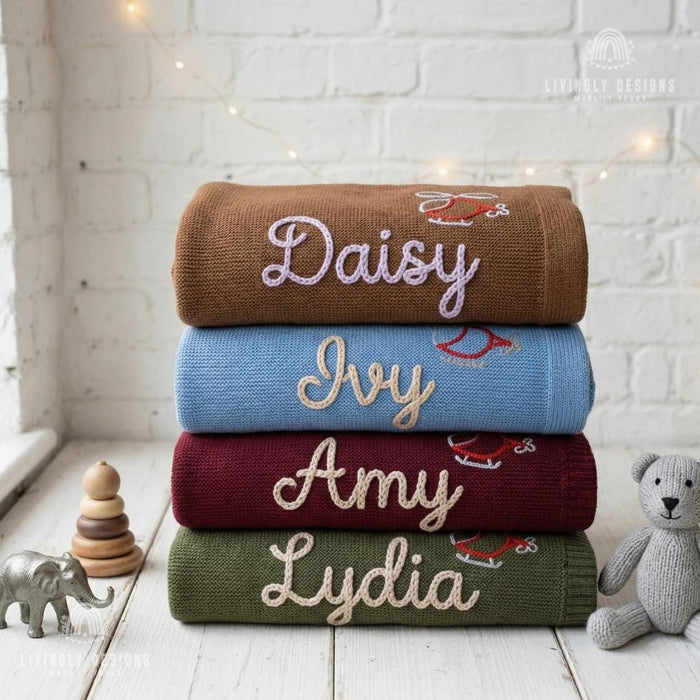 Personalized Helicopter Baby Blanket: Custom Name Knit Design with Embroidered Keepsake Touch