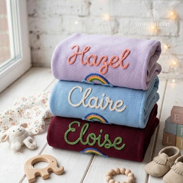 Personalized Baby Throw Blanket: Custom Rainbow Design with Embroidered Name Detail