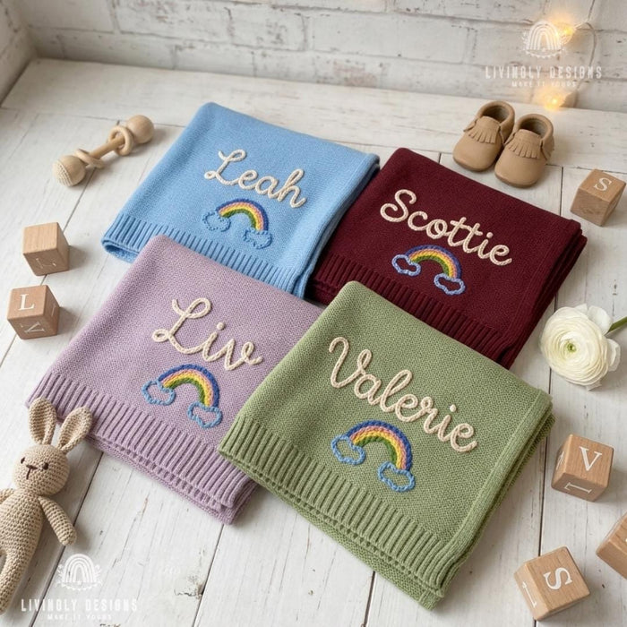 Personalized Baby Throw Blanket: Custom Rainbow Design with Embroidered Name Detail