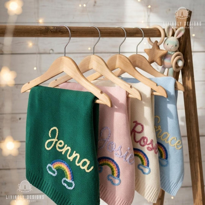 Personalized Baby Throw Blanket: Custom Rainbow Design with Embroidered Name Detail