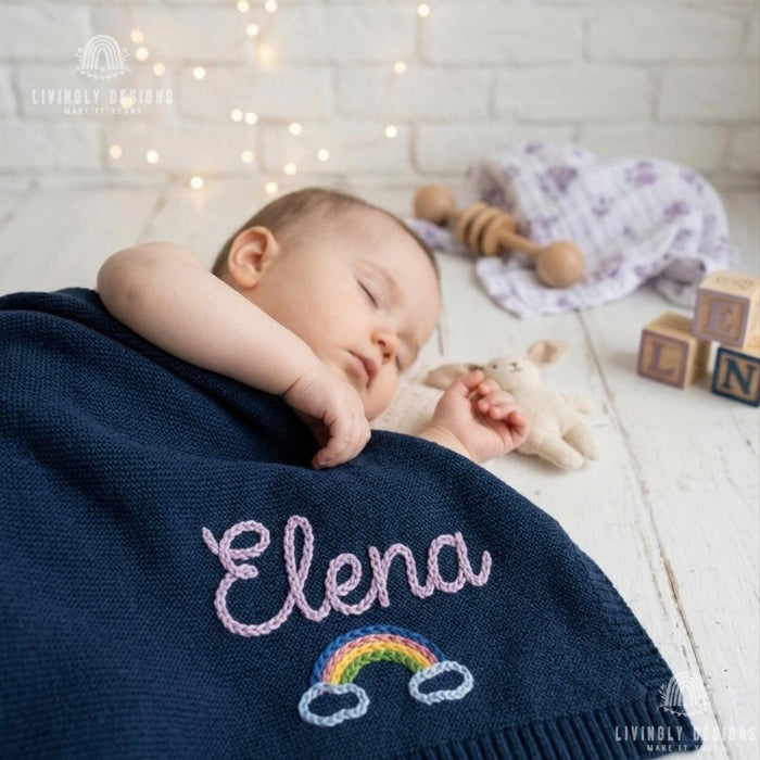 Personalized Baby Throw Blanket: Custom Rainbow Design with Embroidered Name Detail