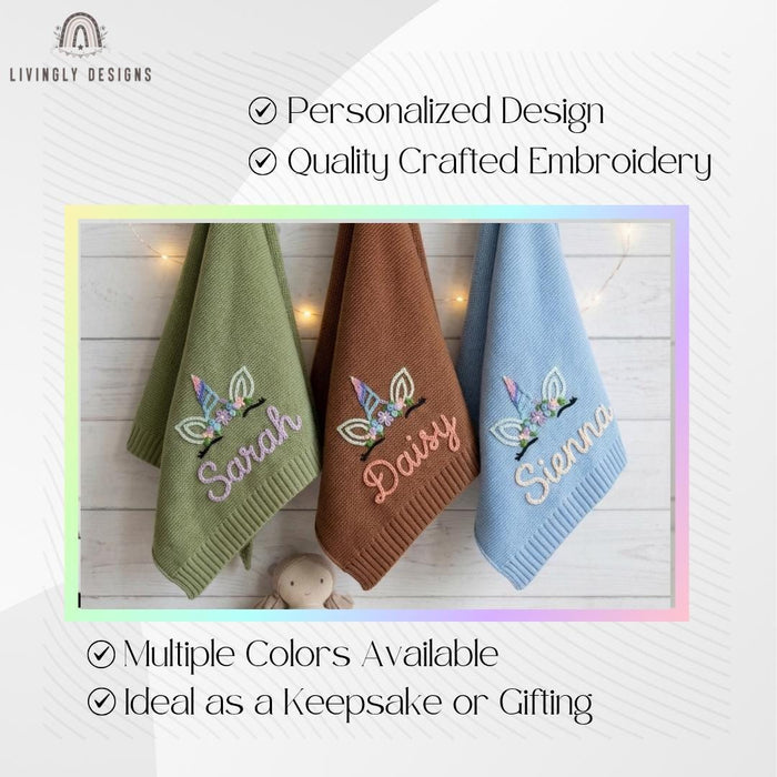 Personalized Baby Girl Blanket: Custom Unicorn Design with Embroidered Name Detail