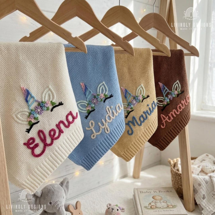 Personalized Baby Girl Blanket: Custom Unicorn Design with Embroidered Name Detail