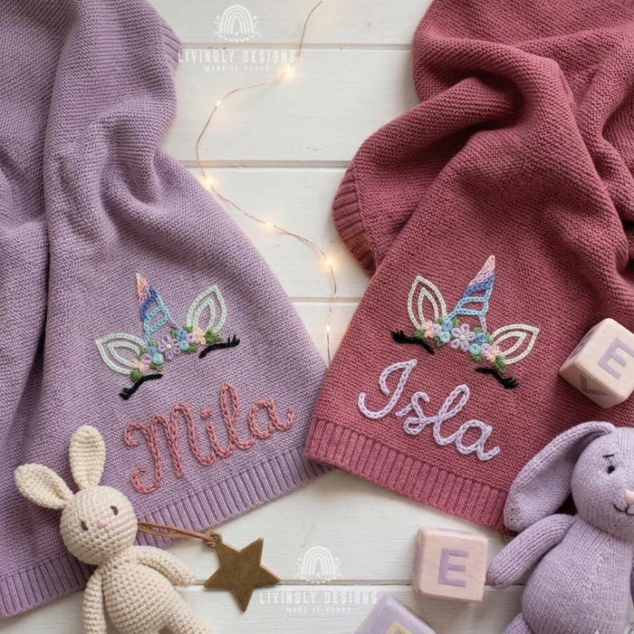 Personalized Baby Girl Blanket: Custom Unicorn Design with Embroidered Name Detail