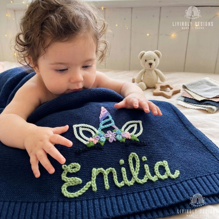 Personalized Baby Girl Blanket: Custom Unicorn Design with Embroidered Name Detail