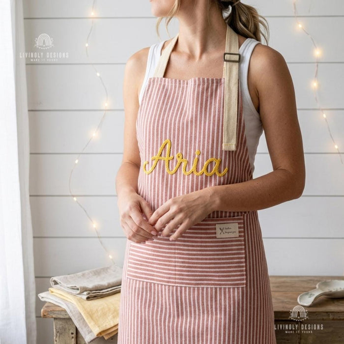 Personalized Chef Apron Elegant Cotton Linen Striped Apron with Name