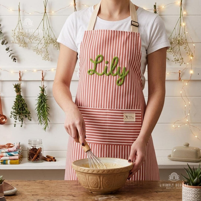 Personalized Chef Apron Elegant Cotton Linen Striped Apron with Name