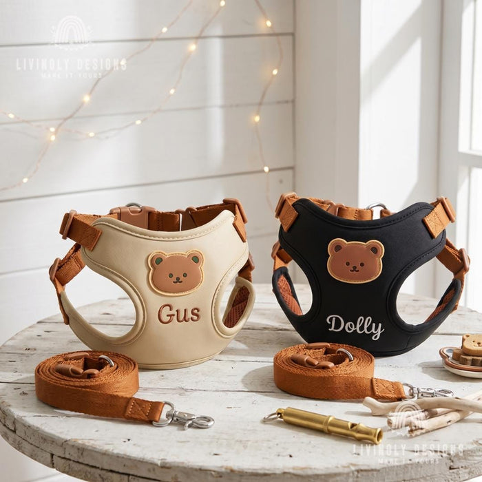 Personalized Dog Walking Set – Bear Harness & Leash with Custom Name