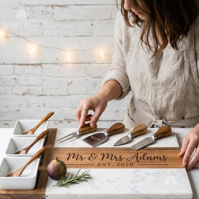 Custom Marble And Wood Charcuterie Board Set with Cheese Knives