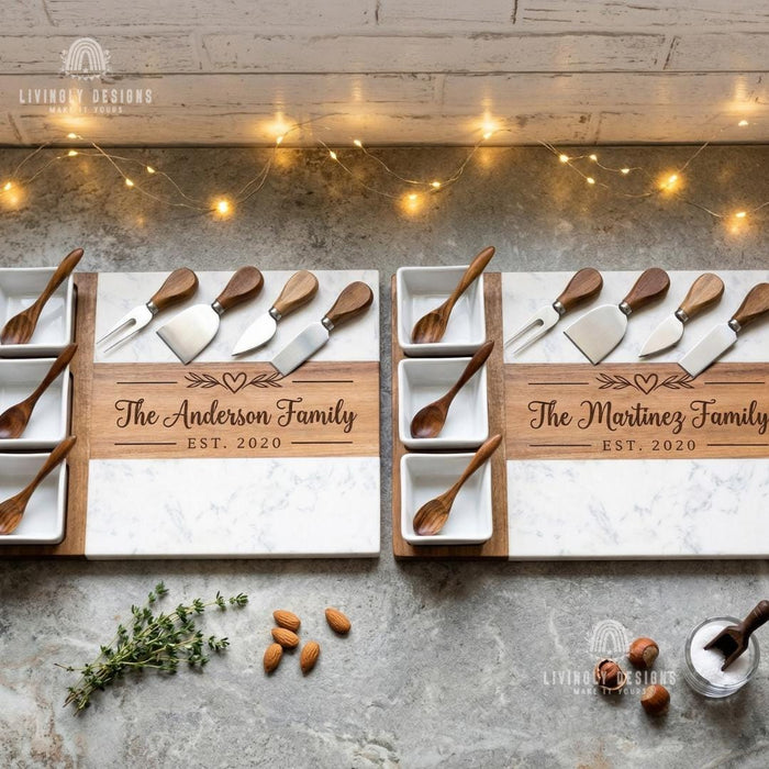 Custom Marble And Wood Charcuterie Board Set with Cheese Knives