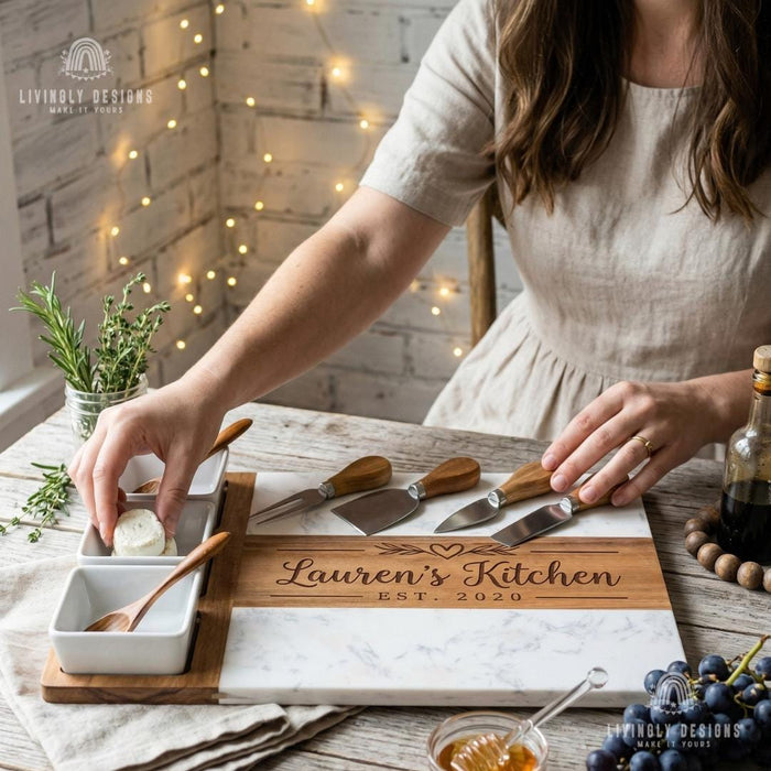 Custom Marble And Wood Charcuterie Board Set with Cheese Knives