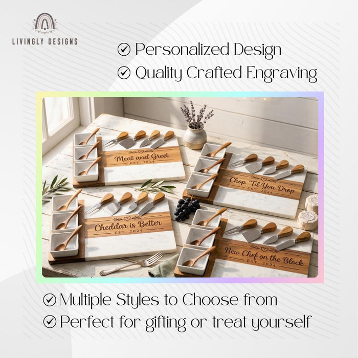 Custom Marble And Wood Charcuterie Board Set with Cheese Knives