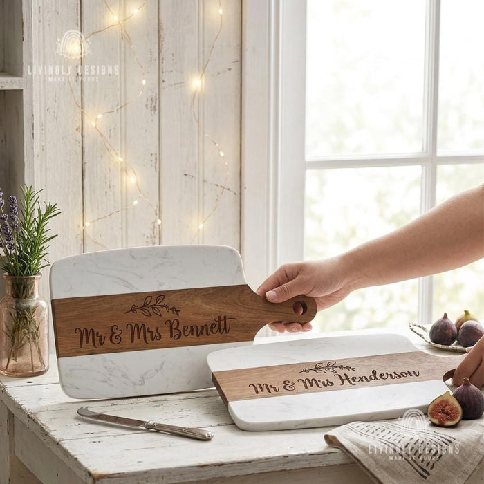 Personalized Acacia Wood Marble Serving Board, Luxury Charcuterie Tray with Handle