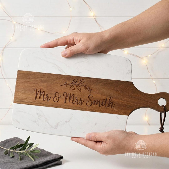 Personalized Acacia Wood Marble Serving Board, Luxury Charcuterie Tray with Handle