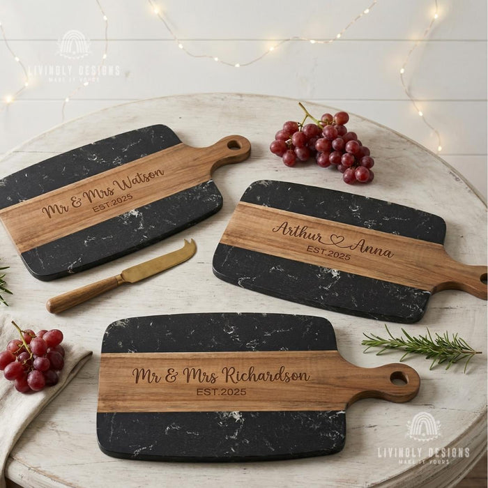 Personalized Acacia Wood Marble Serving Board, Luxury Charcuterie Tray with Handle