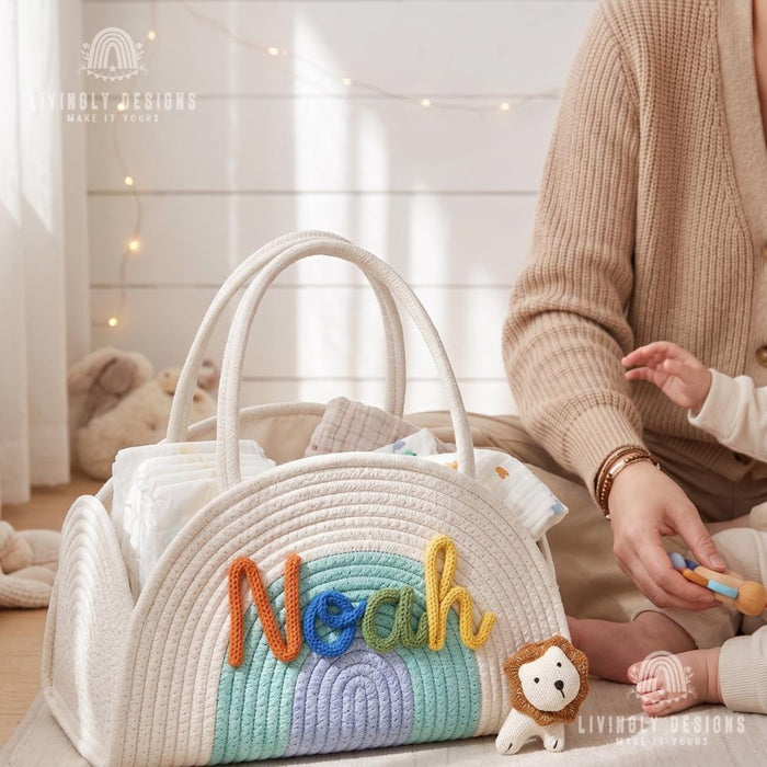 Custom Name Baby Accessories Bag Woven Storage Basket or Diaper Caddy