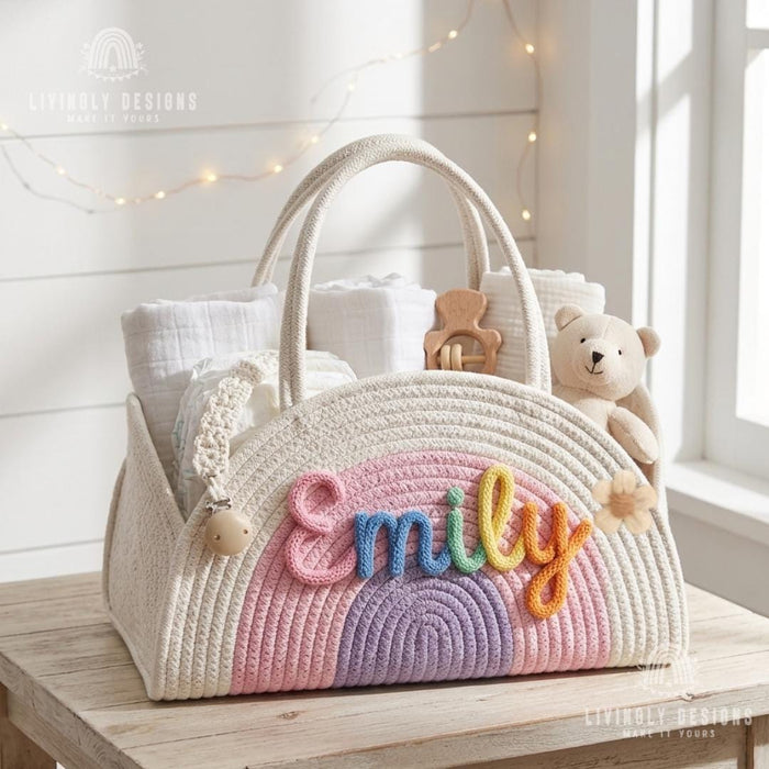 Custom Name Baby Accessories Bag Woven Storage Basket or Diaper Caddy