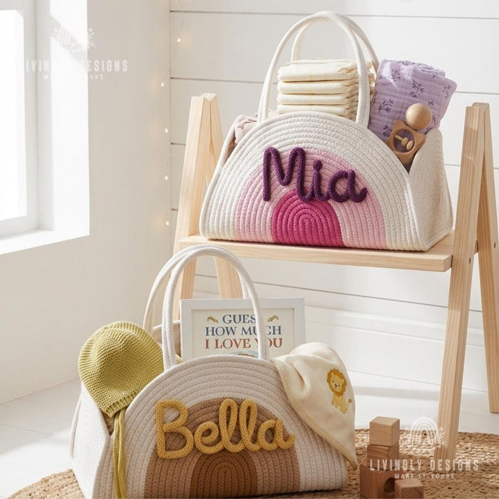 Custom Name Baby Accessories Bag Woven Storage Basket or Diaper Caddy