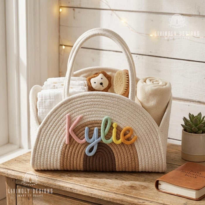 Custom Name Baby Accessories Bag Woven Storage Basket or Diaper Caddy