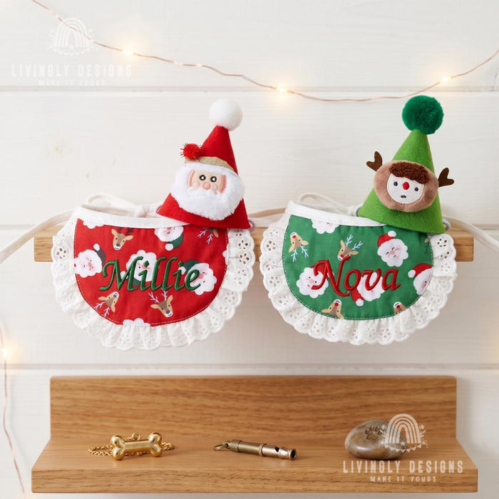 Personalized Christmas Pet Accessory Hat and Lace Bib for Cats & Dogs