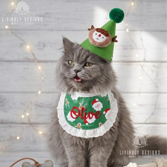 Personalized Christmas Pet Accessory Hat and Lace Bib for Cats & Dogs