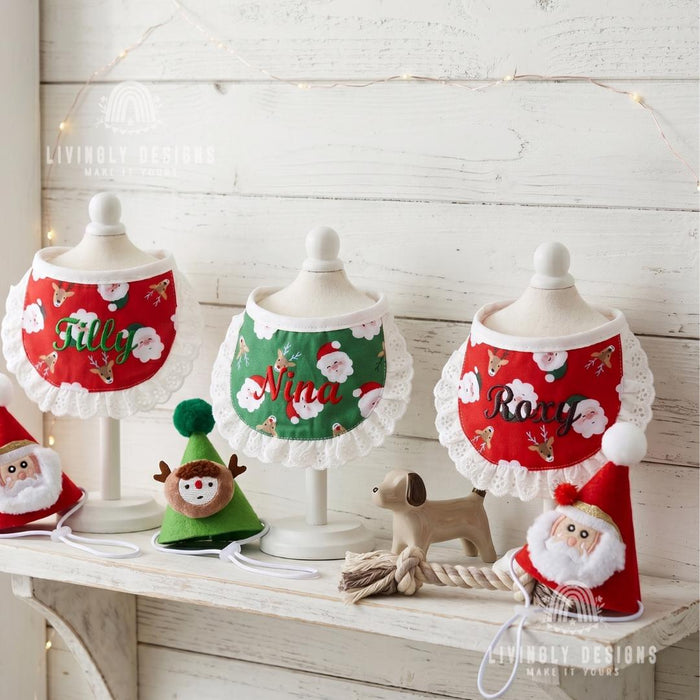 Custom Personalized Pet Cat Dog Christmas Costume Set:  Santa Claus & Reindeer Plush Hat with Lace Bib  Drool Bib
