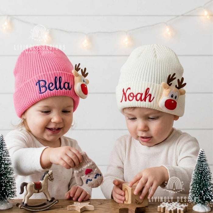 Personalized Name Embroidered Baby Winter Hat with Reindeer
