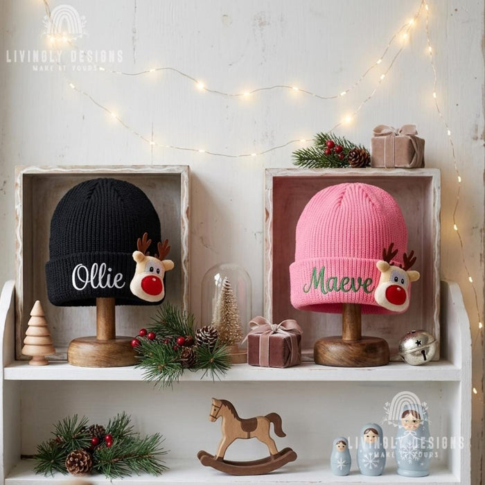 Personalized Name Embroidered Baby Winter Hat with Reindeer