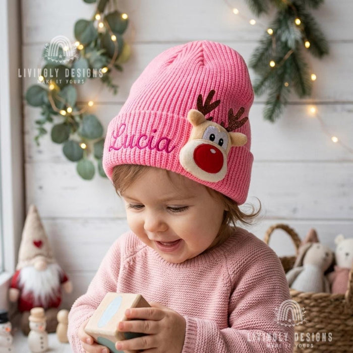 Personalized Name Embroidered Baby Winter Hat with Reindeer