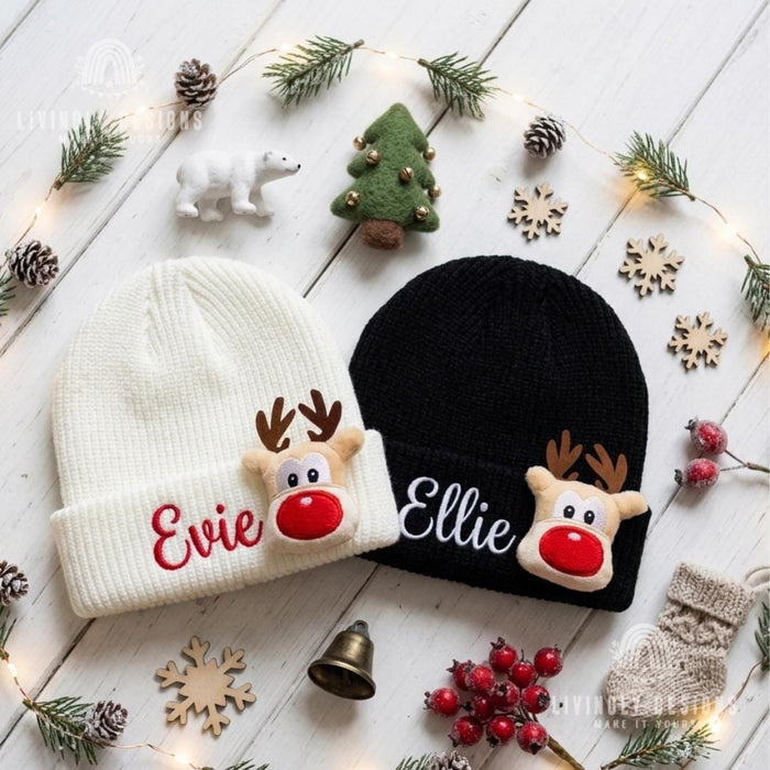 Personalized Name Embroidered Baby Winter Hat with Reindeer