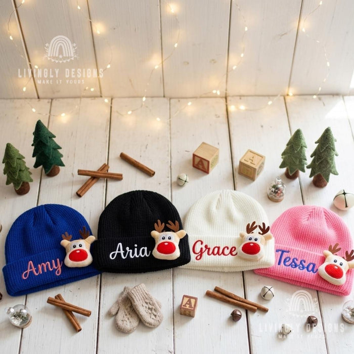 Personalized Name Embroidered Baby Winter Hat with Reindeer