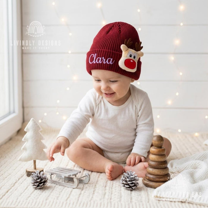 Personalized Name Embroidered Baby Winter Hat with Reindeer