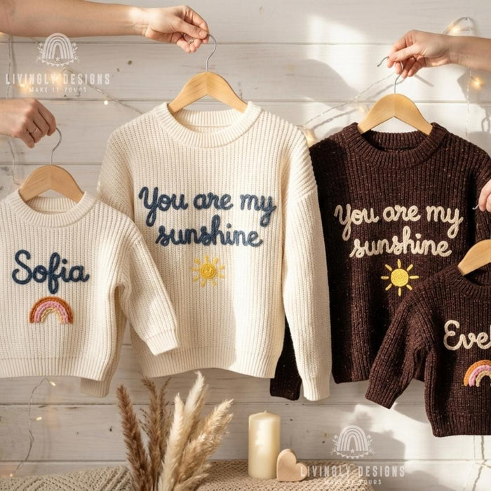 Custom "You Are My Sunshine" Mom and Kids Sweaters | Matching Mother & Child Knit Outfit