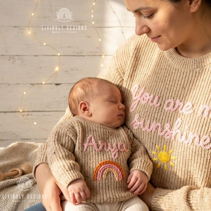 Custom "You Are My Sunshine" Mom and Kids Sweaters | Matching Mother & Child Knit Outfit