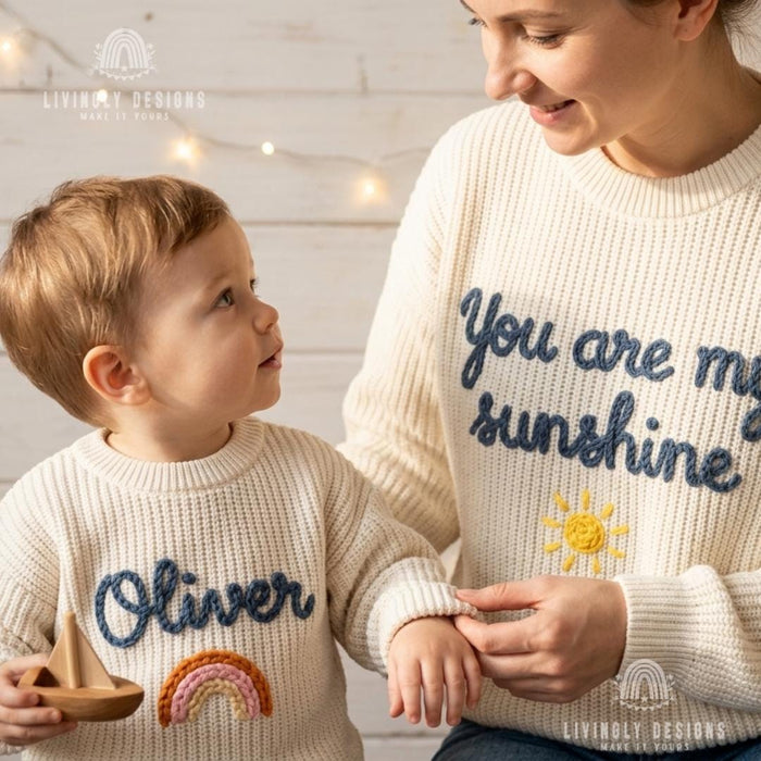 Custom "You Are My Sunshine" Mom and Kids Sweaters | Matching Mother & Child Knit Outfit