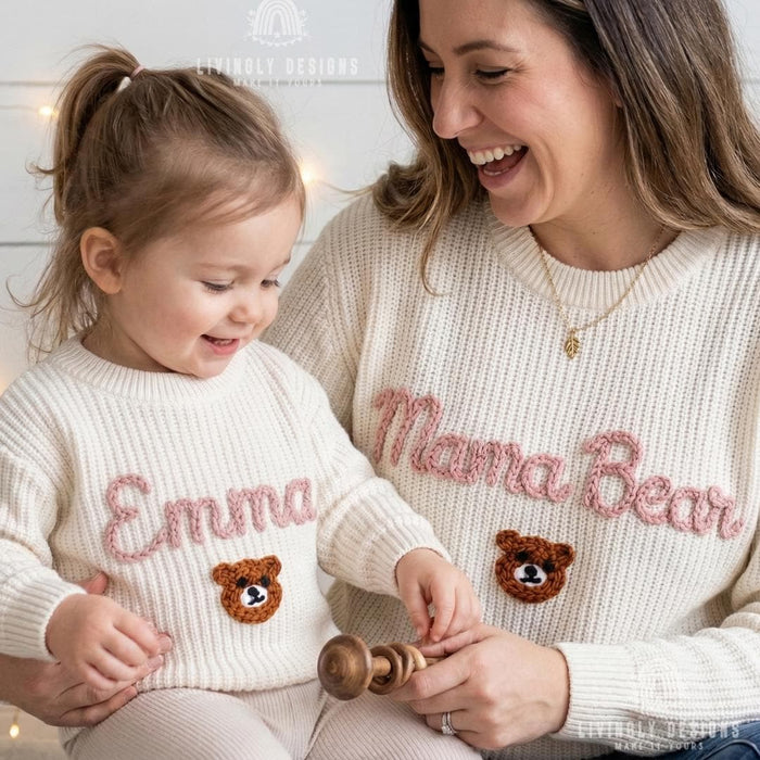 Custom Mama Bear and Cub Matching Sweaters | Personalized Bear Name Knit Jumper
