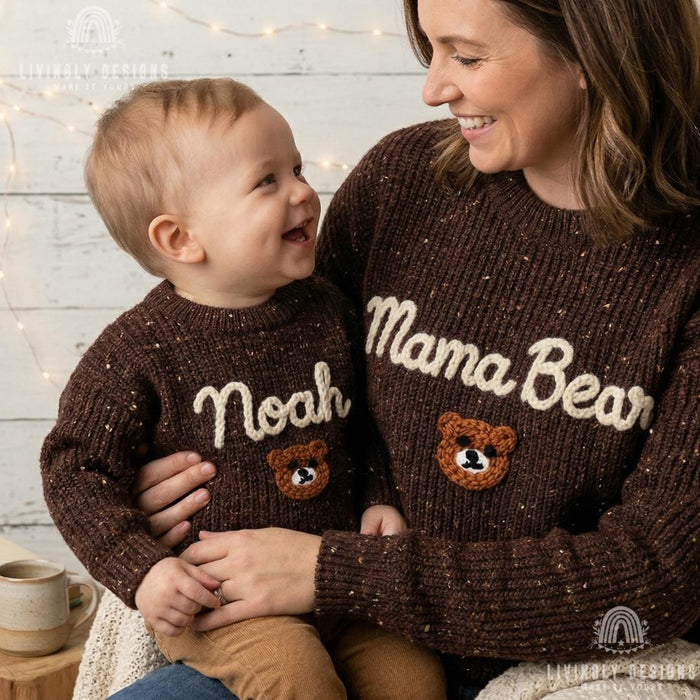 Custom Mama Bear and Cub Matching Sweaters | Personalized Bear Name Knit Jumper