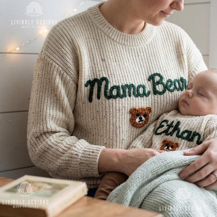 Custom Mama Bear and Cub Matching Sweaters | Personalized Bear Name Knit Jumper