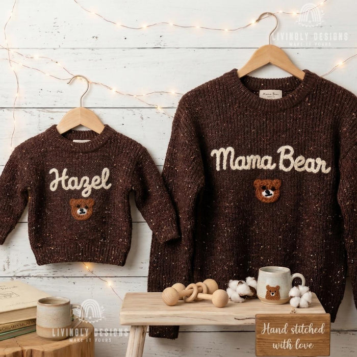 Custom Mama Bear and Cub Matching Sweaters | Personalized Bear Name Knit Jumper