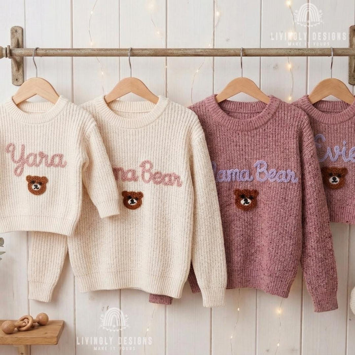 Custom Mama Bear and Cub Matching Sweaters | Personalized Bear Name Knit Jumper