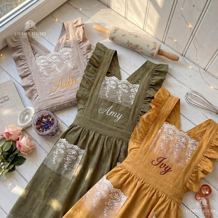 Embroidered Cotton Kitchen Lace Ruffle Apron with Custom Name