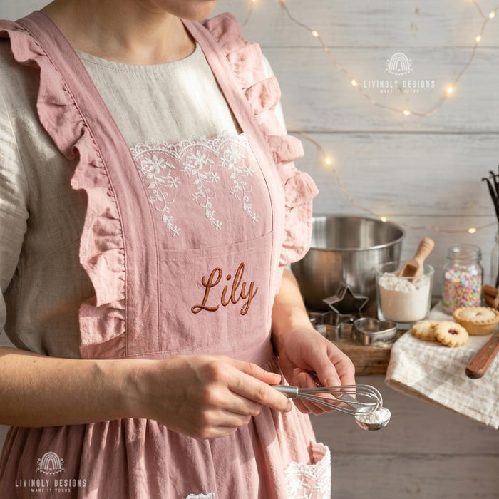 Embroidered Cotton Kitchen Lace Ruffle Apron with Custom Name