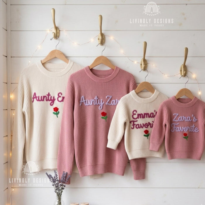 Personalized Aunty & Niece Matching Sweaters | Custom Name Embroidered Knit Jumper