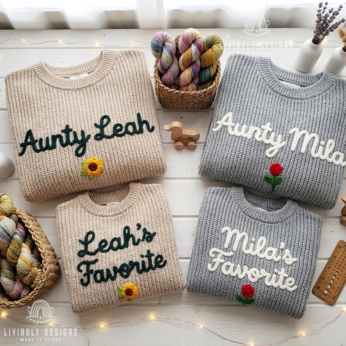 Personalized Aunty & Niece Matching Sweaters | Custom Name Embroidered Knit Jumper