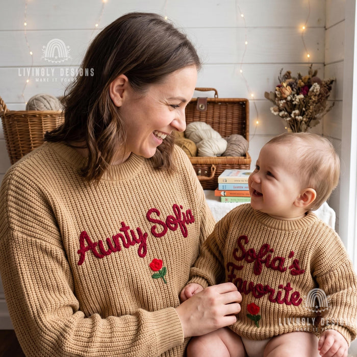 Personalized Aunty & Niece Matching Sweaters | Custom Name Embroidered Knit Jumper