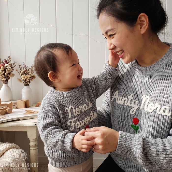 Personalized Aunty & Niece Matching Sweaters | Custom Name Embroidered Knit Jumper