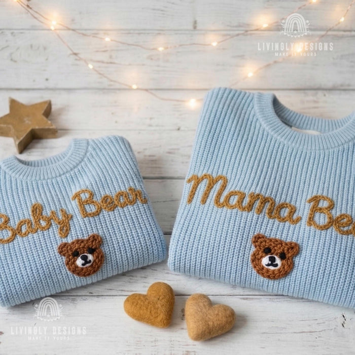 Matching Mama Bear Baby Bear Embroidered Sweaters | Personalized Mom & Baby Cozy Outfit Gift