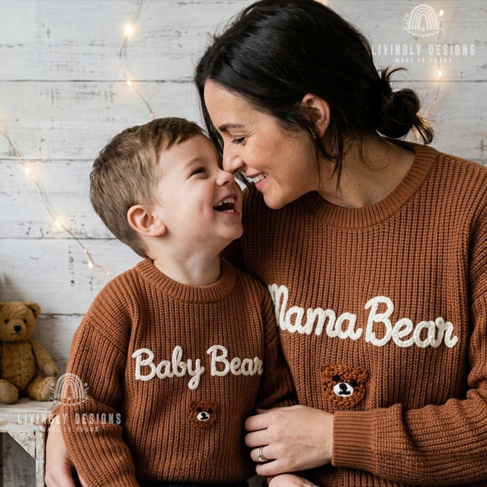 Matching Mama Bear Baby Bear Embroidered Sweaters | Personalized Mom & Baby Cozy Outfit Gift