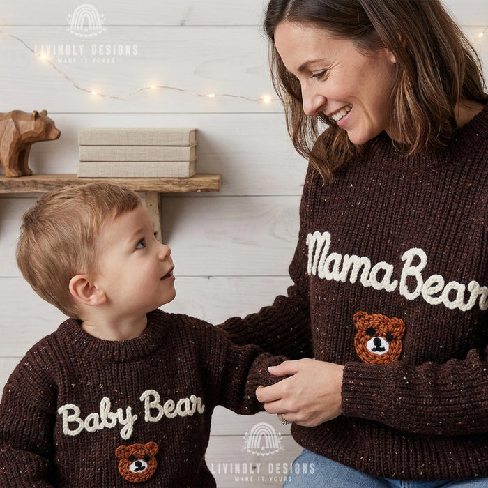 Matching Mama Bear Baby Bear Embroidered Sweaters | Personalized Mom & Baby Cozy Outfit Gift